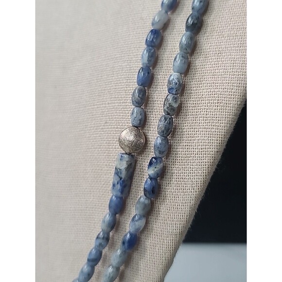 925 Sterling Silver Sodalite & Brushed Silver Beaded Extra Long Necklace Vintage - Picture 4 of 10